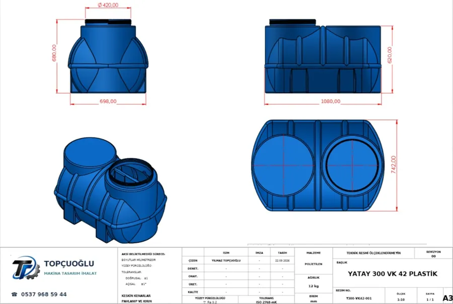 Horizontal Plastic Tank · 3D CAD & Drawing